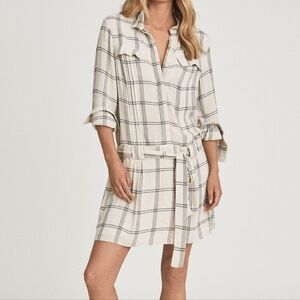 NWT Reiss Dasha Check Shirt Dress Size 10 Gray/White Button Front Belted Waist